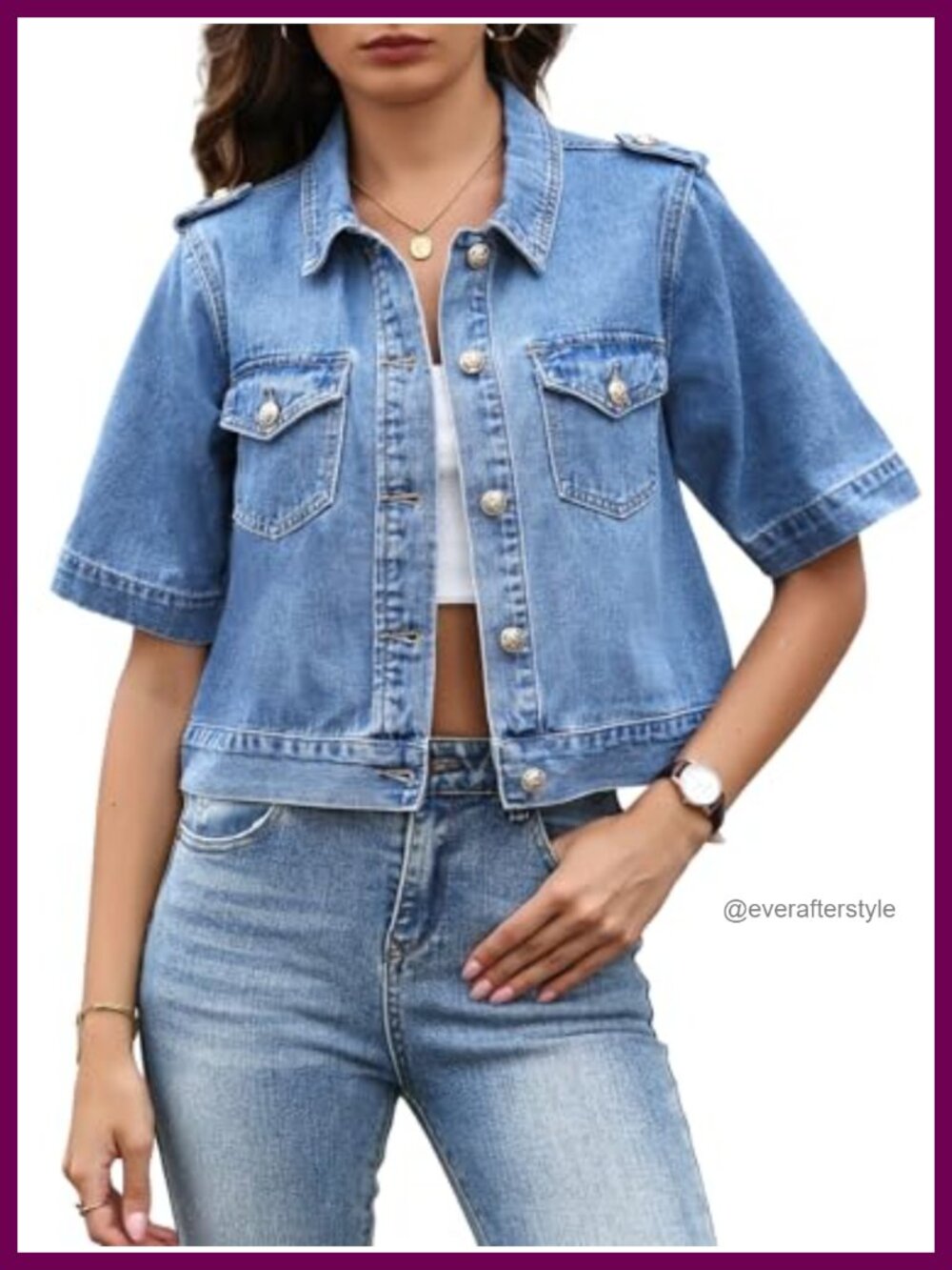 Cropped Denim Jacket Sailor Inspired Short Sleeve Button Front Lightweight